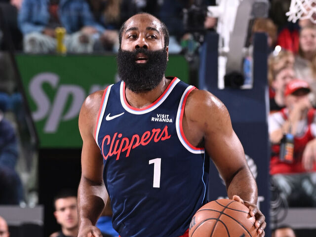INGLEWOOD, CA - JANUARY 12: James Harden #1 of the LA Clippers dribbles the ball during the game against the Charlotte Hornets on January 12, 2026 at Intuit Dome in Los Angeles, California. NOTE TO USER: User expressly acknowledges and agrees that, by downloading and/or using this Photograph, user is consenting to the terms and conditions of the Getty Images License Agreement. Mandatory Copyright Notice: Copyright 2026 NBAE