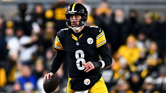 PITTSBURGH, PENNSYLVANIA - JANUARY 12: Aaron Rodgers #8 of the Pittsburgh Steelers scrambles in the fourth quarter of an NFL wild card playoff game against the Houston Texans at Acrisure Stadium on January 12, 2026 in Pittsburgh, Pennsylvania.