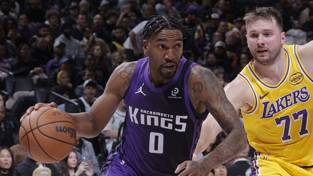 SACRAMENTO, CA - JANUARY 12: Malik Monk #0 of the Sacramento Kings drives to the basket during the game against the Los Angeles Lakers on January 12, 2026 at Golden 1 Center in Sacramento, California. Mandatory Copyright Notice: Copyright 2026 NBAE