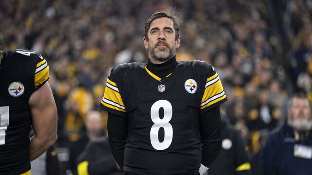 PITTSBURGH, PENNSYLVANIA - JANUARY 4: Aaron Rodgers #8 of the Pittsburgh Steelers looks on looks on during the national anthem prior to an NFL football game against the Baltimore Ravens at Acrisure Stadium on January 04, 2026 in Pittsburgh, Pennsylvania.