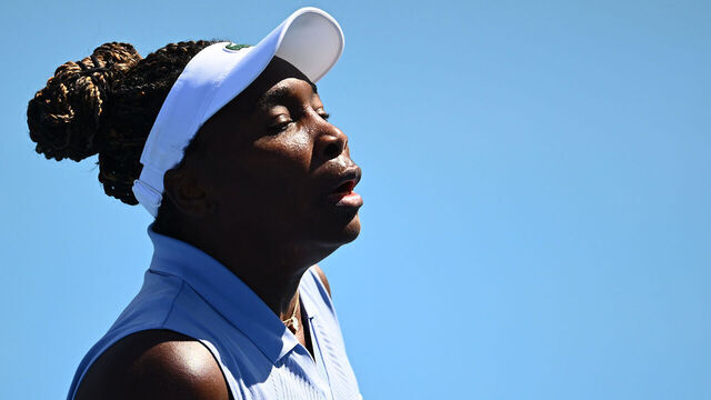 HOBART, AUSTRALIA - JANUARY 13: Venus Williams of USA reacts in the match against Tatjana Maria of Germany during day two of the 2026 Hobart International at Domain Tennis Centre on January 13, 2026 in Hobart, Australia.