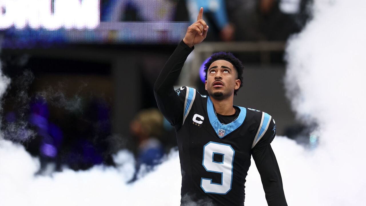 CHARLOTTE, NORTH CAROLINA - JANUARY 10: Bryce Young #9 of the Carolina Panthers runs onto the field prior to an NFL wild card playoff football game against the Los Angeles Rams at Bank of America Stadium on January 10, 2026 in Charlotte, North Carolina.