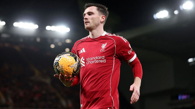 LIVERPOOL, ENGLAND - JANUARY 12: Andrew Robertson of Liverpool in action during the Emirates FA Cup Third Round match between Liverpool and Barnsley on January 12, 2026 in Liverpool, England.