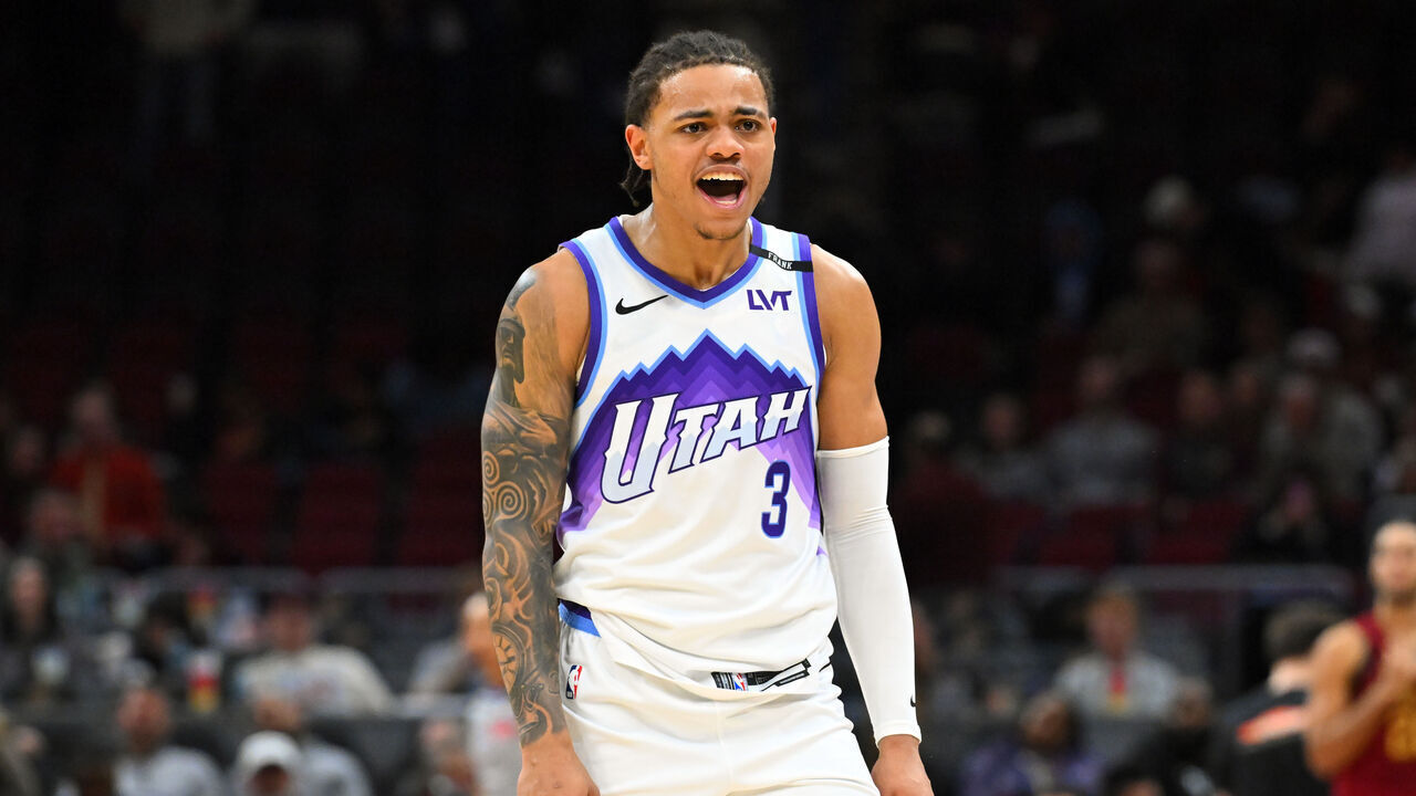 CLEVELAND, OHIO - JANUARY 12: Guard Keyonte George #3 of the Utah Jazz celebrates during the fourth quarter against the Cleveland Cavaliers at Rocket Arena on January 12, 2026 in Cleveland, Ohio. The Jazz defeated the Cavaliers 123-112.
