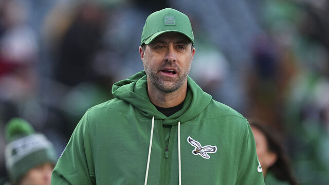 PHILADELPHIA, PENNSYLVANIA - JANUARY 4: Offensive coordinator Kevin Patullo of the Philadelphia Eagles looks on prior to the game against the Washington Commanders at Lincoln Financial Field on January 4, 2026 in Philadelphia, United States.