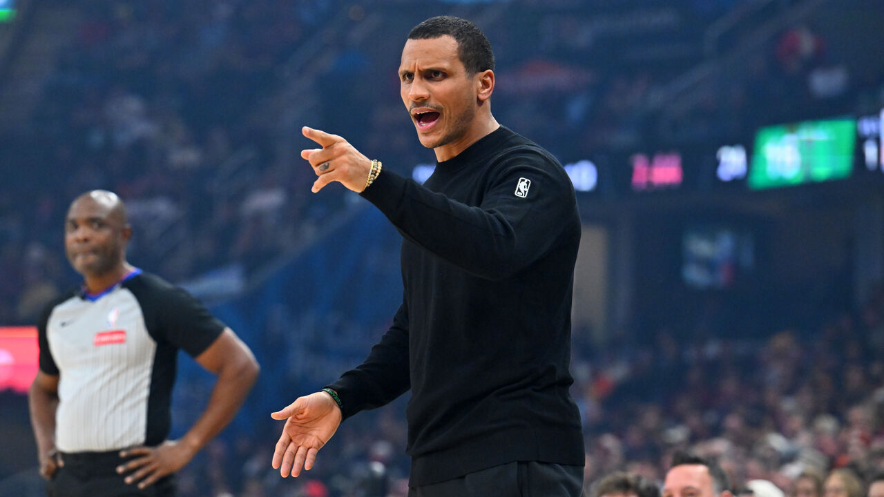 CLEVELAND, OHIO - NOVEMBER 30: Joe Mazzulla of the Boston Celtics reacts during the first quarter against the Cleveland Cavaliers at Rocket Arena on November 30, 2025 in Cleveland, Ohio.