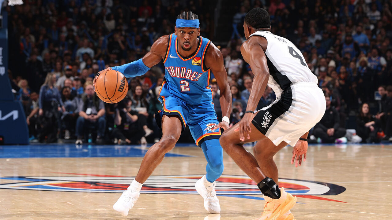 OKLAHOMA CITY, OK - JANUARY 13: Shai Gilgeous-Alexander #2 of the Oklahoma City Thunder dribbles the ball during the game against the San Antonio Spurs on January 13, 2026 at Paycom Center in Oklahoma City, Oklahoma. Mandatory Copyright Notice: Copyright 2026 NBAE