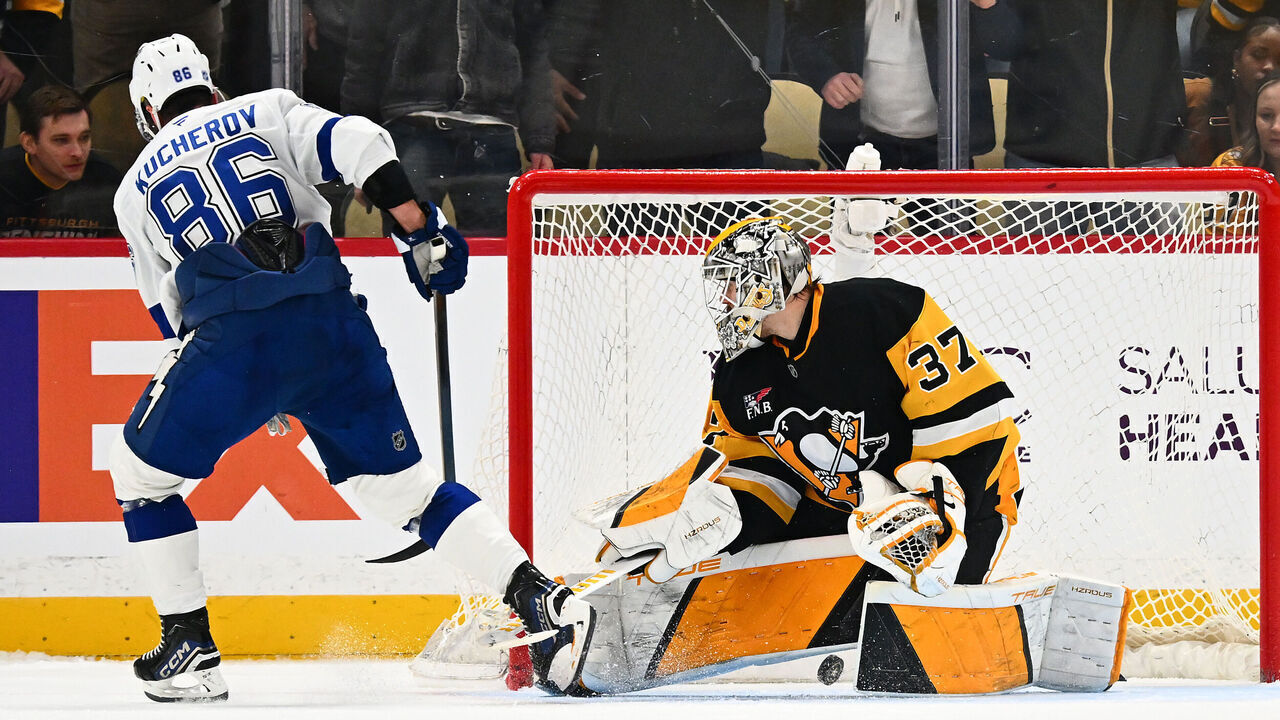 PITTSBURGH, PA - JANUARY 13: Nikita Kucherov #86 of the Tampa Bay Lightning scores past Arturs Silovs #37 of the Pittsburgh Penguins on his shootout attempt at PPG PAINTS Arena on January 13, 2026 in Pittsburgh, Pennsylvania.