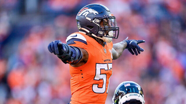 DENVER, CO - DECEMBER 21: Denver Broncos linebacker Dre Greenlaw (57) celebrates a pass defended against Jacksonville Jaguars wide receiver Parker Washington (11) during a game at Empower Field at Mile High on December 21, 2025 in Denver, Colorado.