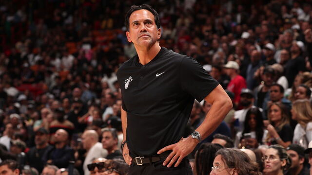 MIAMI, FL - JANUARY 13: Head Coach Erik Spoelstra of the Miami Heat looks on during the game against the Phoenix Suns on January 13, 2026 at Kaseya Center in Miami, Florida. Mandatory Copyright Notice: Copyright 2026 NBAE