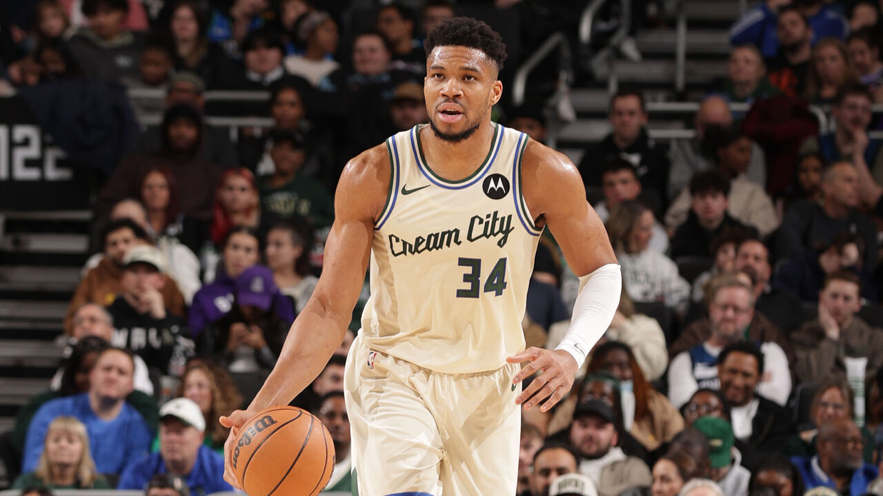 MILWAUKEE, WI - JANUARY 13: Giannis Antetokounmpo #34 of the Milwaukee Bucks dribbles the ball during the game against the Minnesota Timberwolves on January 13, 2026 at Fiserv Forum Center in Milwaukee, Wisconsin. Mandatory Copyright Notice: Copyright 2026 NBAE .
