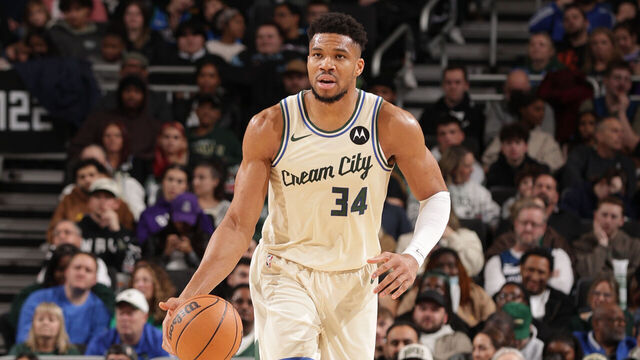 MILWAUKEE, WI - JANUARY 13: Giannis Antetokounmpo #34 of the Milwaukee Bucks dribbles the ball during the game against the Minnesota Timberwolves on January 13, 2026 at Fiserv Forum Center in Milwaukee, Wisconsin. Mandatory Copyright Notice: Copyright 2026 NBAE .