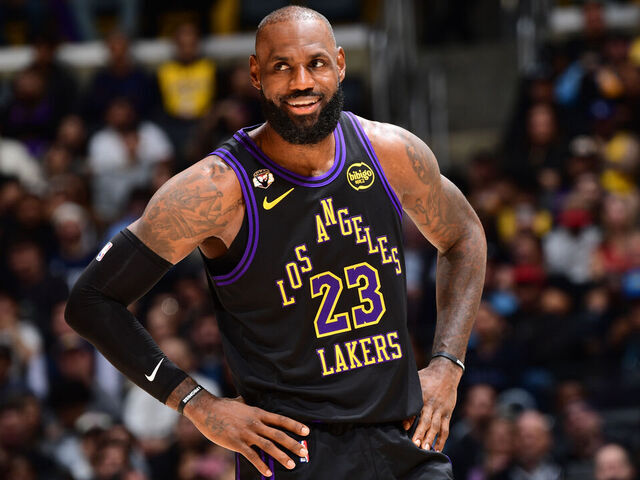 LOS ANGELES, CA - JANUARY 13: LeBron James #23 of the Los Angeles Lakers smiles during the game against the Atlanta Hawks on January 13, 2026 at Crypto.Com Arena in Los Angeles, California. NOTE TO USER: User expressly acknowledges and agrees that, by downloading and/or using this Photograph, user is consenting to the terms and conditions of the Getty Images License Agreement. Mandatory Copyright Notice: Copyright 2026 NBAE