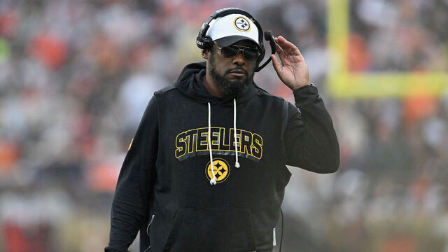 CLEVELAND, OHIO - DECEMBER 28: Head coach Mike Tomlin of the Pittsburgh Steelers looks on during the first quarter of the game against the Cleveland Browns at Huntington Bank Field on December 28, 2025 in Cleveland, Ohio.