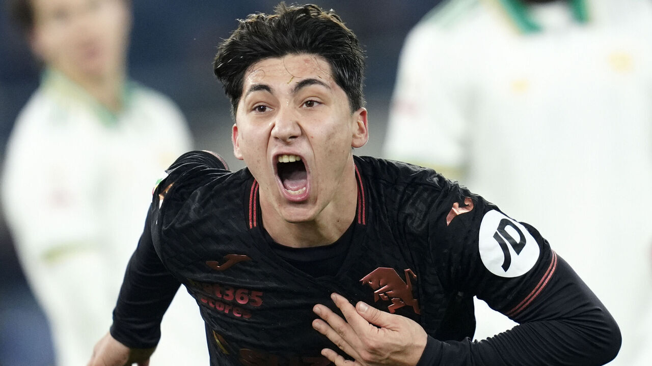 Rome, Italy - January 13: Emirhan Ilkhan of Torino FC celebrates after scoring his team's third goal during the Frecciarossa Coppa Italia match between AS Roma and Torino FC at Olimpico Stadium on January 13, 2026 in Rome, Italy.