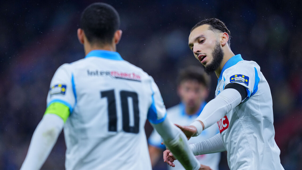 CAEN, FRANCE - JANUARY 13: Amine Gouiri of Olympique de Marseille celebrates after scoring his team's goal with Mason Greenwood of Olympique de Marseille during the French Cup match between Bayeux FC and Olympique de Marseille at Stade Michel D'Ornano on January 13, 2026 in Caen, France.