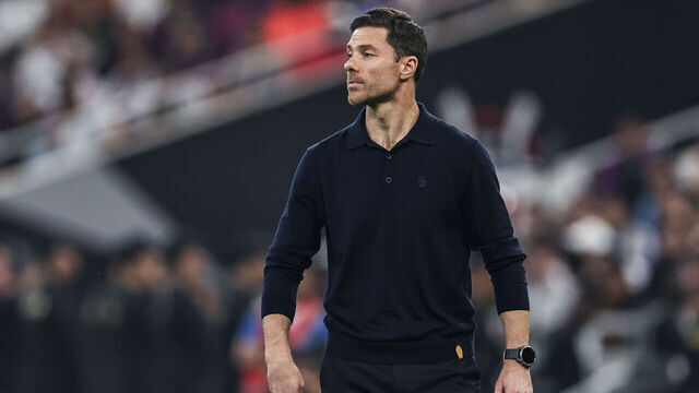 Real Madrid's Spanish coach Xabi Alonso reacts during the Spanish Super Cup final football match between FC Barcelona and Real Madrid at the King Abdullah Stadium in Jeddah on January 11, 2026.