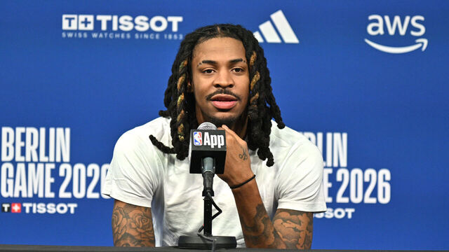 BERLIN, GERMANY - JANUARY 14: Ja Morant #12 of the Memphis Grizzlies talks to the media during a press conference at Media Availability at Uber Arena as part of NBA Berlin Game 2026 on January 14, 2026 in Berlin, Germany. Mandatory Copyright Notice: Copyright 2026 NBAE