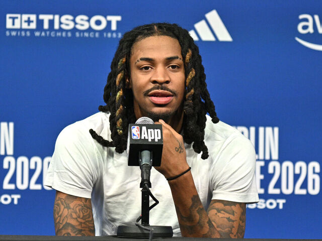 BERLIN, GERMANY - JANUARY 14: Ja Morant #12 of the Memphis Grizzlies talks to the media during a press conference at Media Availability at Uber Arena as part of NBA Berlin Game 2026 on January 14, 2026 in Berlin, Germany. Mandatory Copyright Notice: Copyright 2026 NBAE