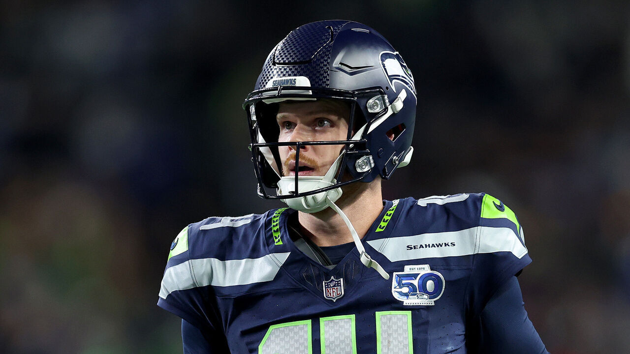 SEATTLE, WASHINGTON - OCTOBER 20: Sam Darnold #14 of the Seattle Seahawks reacts against the Houston Texans at Lumen Field on October 20, 2025 in Seattle, Washington.