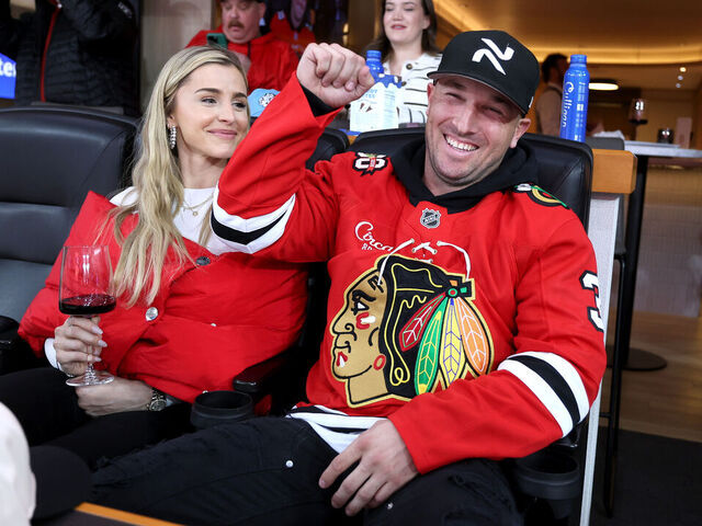 CHICAGO, ILLINOIS - JANUARY 12: Newly acquired Chicago Cubs player Alex Bregman enjoys the game between the Chicago Blackhawks and the Edmonton Oilers at the United Center on January 12, 2026 in Chicago, Illinois.
