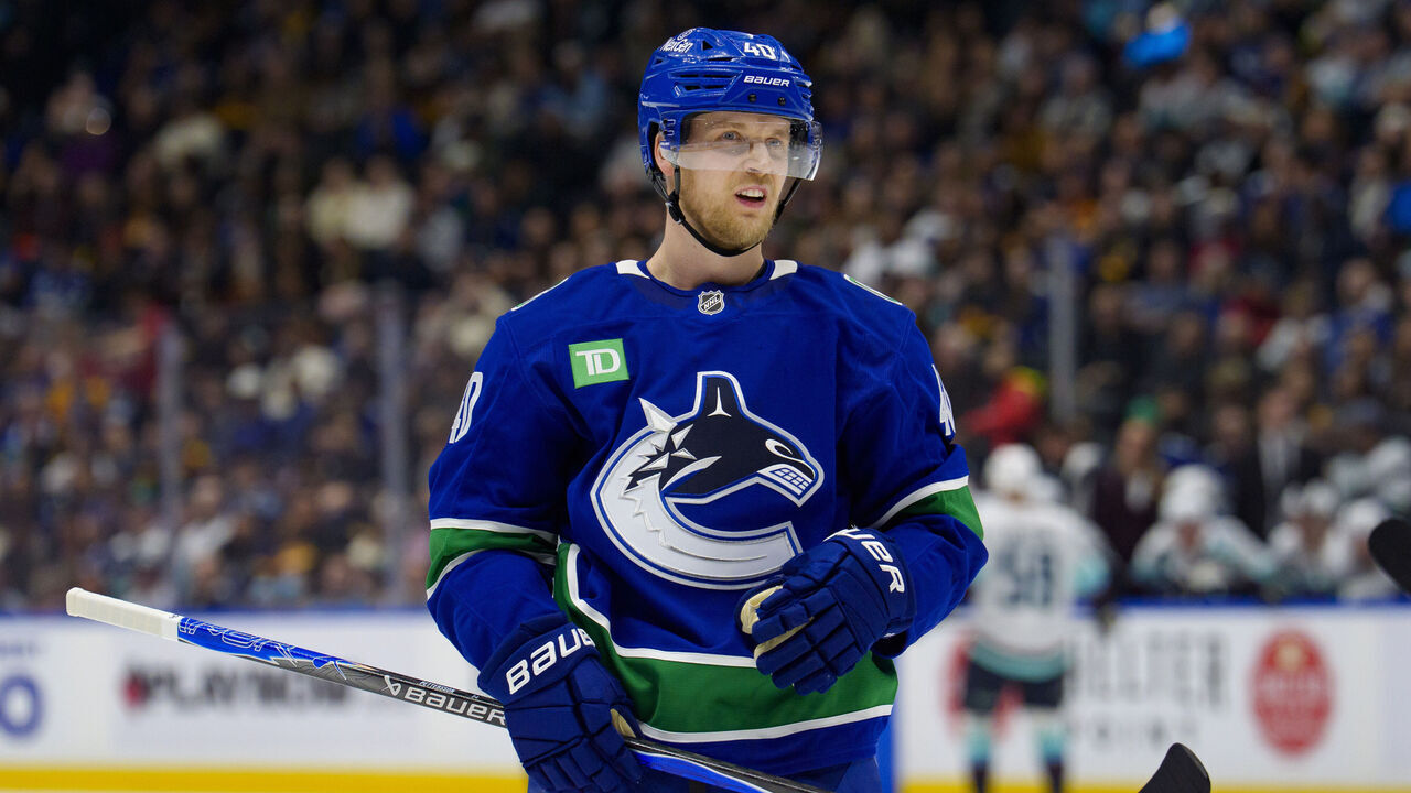 VANCOUVER, CANADA - JANUARY 2: Elias Pettersson #40 of the Vancouver Canucks skates up ice during their NHL game against the Seattle Kraken at Rogers Arena on January 2, 2026 in Vancouver, British Columbia, Canada.