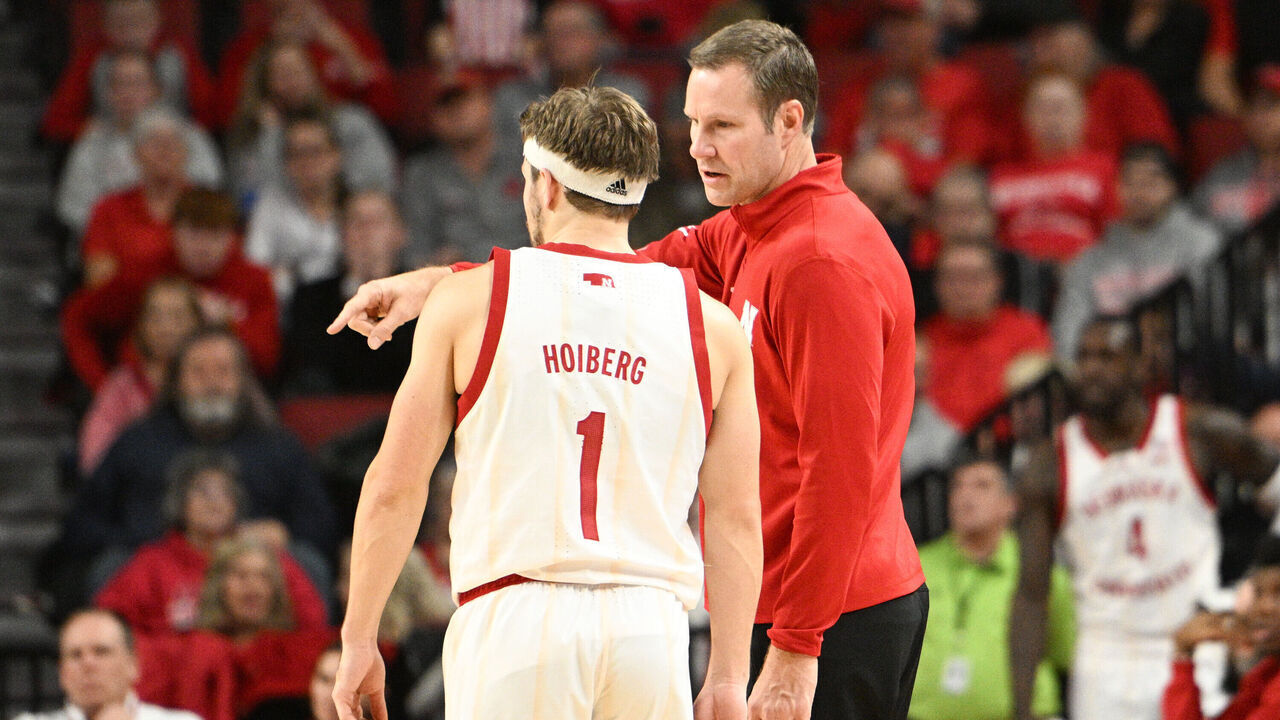 LINCOLN, NEBRASKA - DECEMBER 10: Head coach Fred Hoiberg of the Nebraska Cornhuskers and Sam Hoiberg #1 talk on the sidelines during the game against the Michigan State Spartans in the second half at Pinnacle Bank Arena on December 10, 2023 in Lincoln, Nebraska.