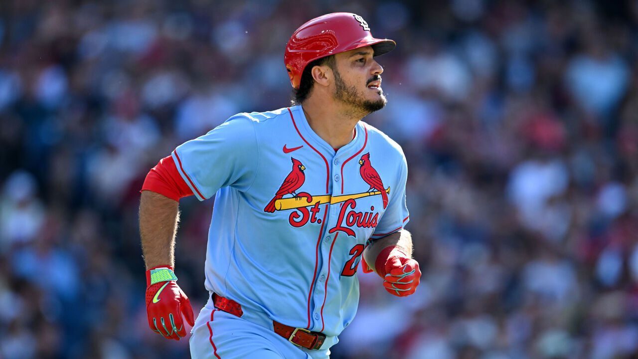 CLEVELAND, OHIO - JUNE 28: Nolan Arenado #28 of the St. Louis Cardinals runs out a single during the sixth inning against the Cleveland Guardians at Progressive Field on June 28, 2025 in Cleveland, Ohio.
