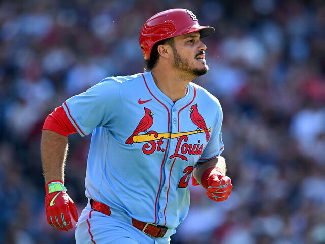CLEVELAND, OHIO - JUNE 28: Nolan Arenado #28 of the St. Louis Cardinals runs out a single during the sixth inning against the Cleveland Guardians at Progressive Field on June 28, 2025 in Cleveland, Ohio.