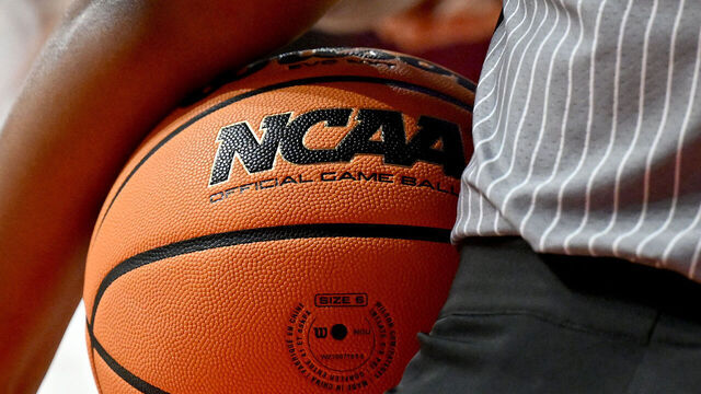 COLLEGE PARK, MARYLAND - JANUARY 04: A view of the NCAA logo on a basketball during the game between the Maryland Terrapins and the Indiana Hoosiers at Xfinity Center on January 04, 2026 in College Park, Maryland.