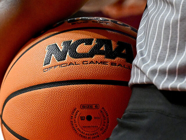 COLLEGE PARK, MARYLAND - JANUARY 04: A view of the NCAA logo on a basketball during the game between the Maryland Terrapins and the Indiana Hoosiers at Xfinity Center on January 04, 2026 in College Park, Maryland.