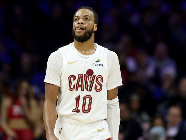 PHILADELPHIA, PENNSYLVANIA - JANUARY 14: Darius Garland #10 of the Cleveland Cavaliers celebrates a basket during the first half against the Philadelphia 76ers at Xfinity Mobile Arena on January 14, 2026 in Philadelphia, Pennsylvania.