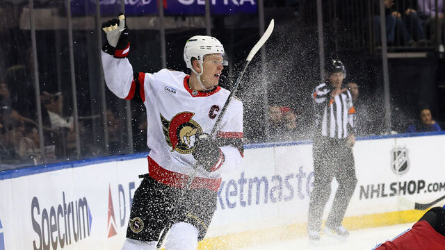 NEW YORK, NEW YORK - JANUARY 14: Brady Tkachuk #7 of the Ottawa Senators celebrates his first period goal against Jonathan Quick #32 of the New York Rangers at Madison Square Garden on January 14, 2026 in New York City.