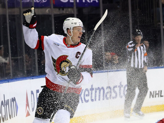 NEW YORK, NEW YORK - JANUARY 14: Brady Tkachuk #7 of the Ottawa Senators celebrates his first period goal against Jonathan Quick #32 of the New York Rangers at Madison Square Garden on January 14, 2026 in New York City.
