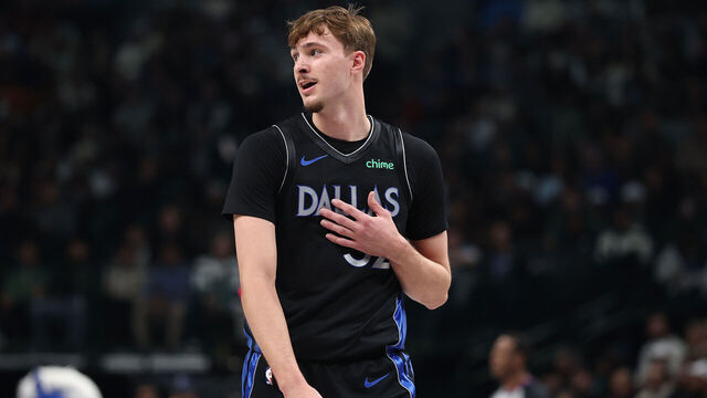 DALLAS, TEXAS - JANUARY 14: Cooper Flagg #32 of the Dallas Mavericks looks to the bench during the first half against the Denver Nuggets at American Airlines Center on January 14, 2026 in Dallas, Texas. NOTE TO USER: User expressly acknowledges and agrees that, by downloading and or using this photograph, User is consenting to the terms and conditions of the GettyImages License Agreement.