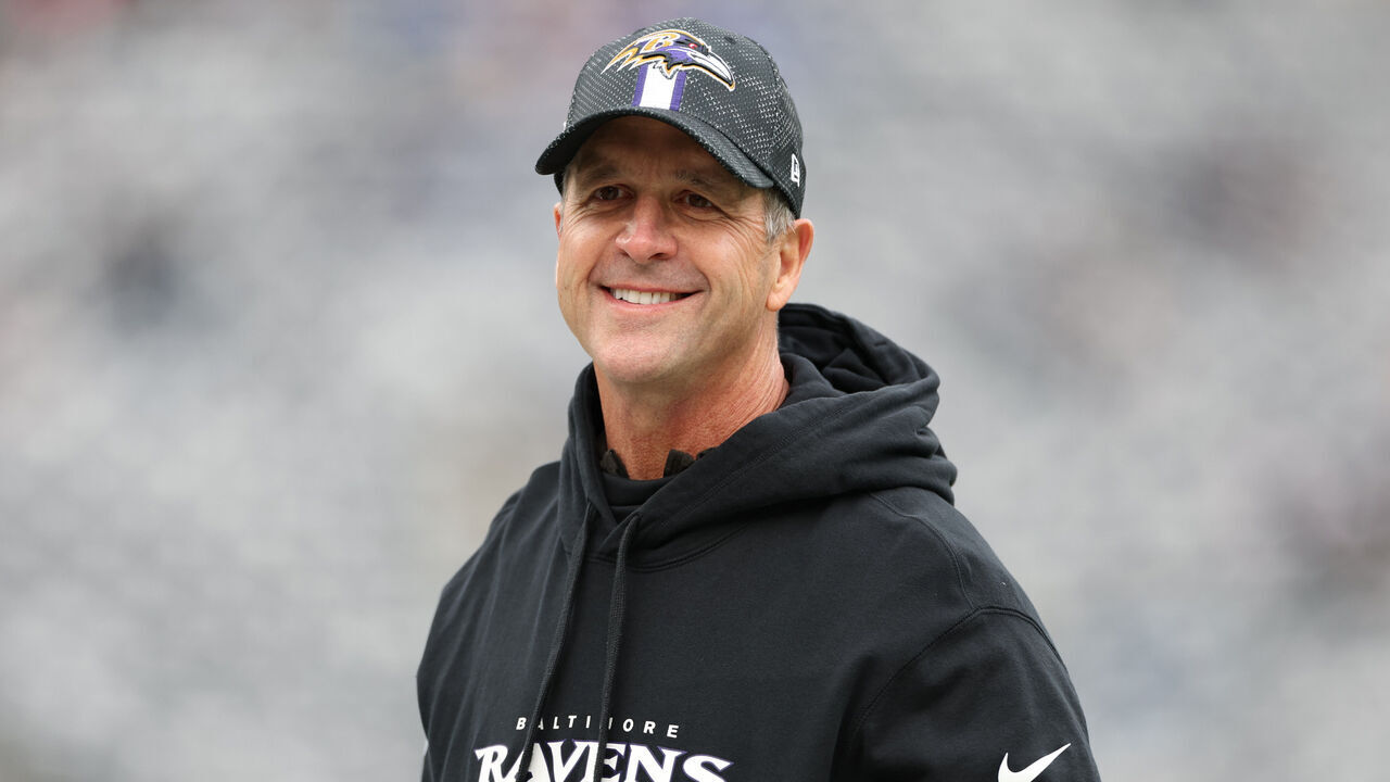 EAST RUTHERFORD, NEW JERSEY - DECEMBER 15: Baltimore Ravens head coach John Harbaugh looks on prior to a game against the New York Giants at MetLife Stadium on December 15, 2024 in East Rutherford, New Jersey.