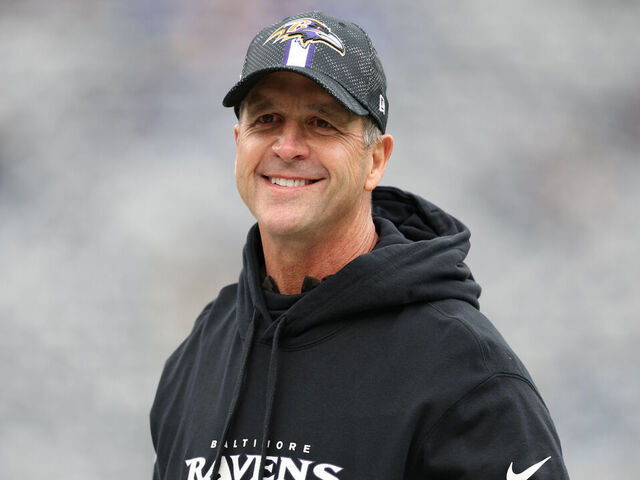 EAST RUTHERFORD, NEW JERSEY - DECEMBER 15: Baltimore Ravens head coach John Harbaugh looks on prior to a game against the New York Giants at MetLife Stadium on December 15, 2024 in East Rutherford, New Jersey.