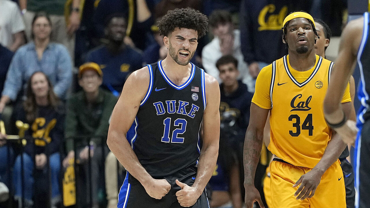 BERKELEY, CALIFORNIA - JANUARY 14: Cameron Boozer #12 of the Duke Blue Devils reacts after he scored against the California Golden Bears in the second half at Haas Pavilion on January 14, 2026 in Berkeley, California.