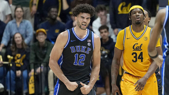 BERKELEY, CALIFORNIA - JANUARY 14: Cameron Boozer #12 of the Duke Blue Devils reacts after he scored against the California Golden Bears in the second half at Haas Pavilion on January 14, 2026 in Berkeley, California.