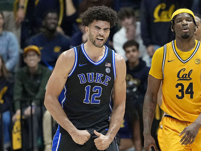 BERKELEY, CALIFORNIA - JANUARY 14: Cameron Boozer #12 of the Duke Blue Devils reacts after he scored against the California Golden Bears in the second half at Haas Pavilion on January 14, 2026 in Berkeley, California.