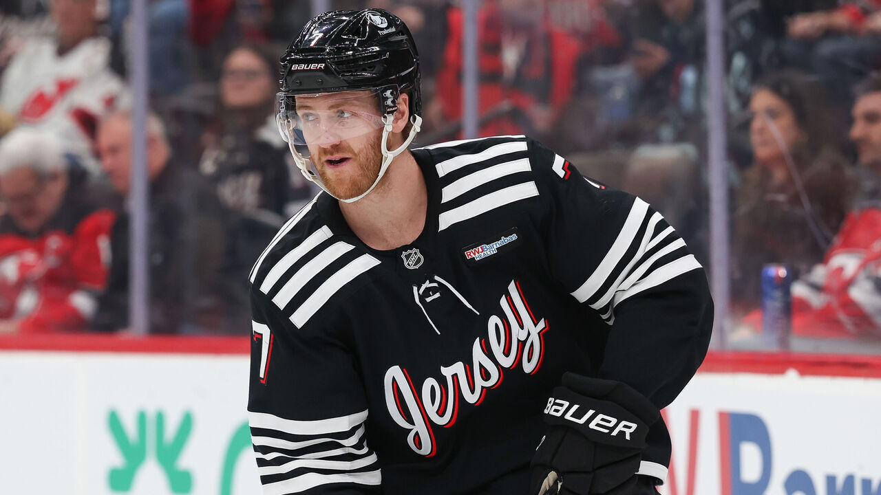 NEWARK, NJ - JANUARY 14: Dougie Hamilton #7 of the New Jersey Devils skates during a game between the Seattle Kraken and New Jersey Devils at Prudential Center on January 14, 2026 in Newark, New Jersey.