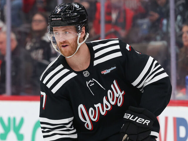 NEWARK, NJ - JANUARY 14: Dougie Hamilton #7 of the New Jersey Devils skates during a game between the Seattle Kraken and New Jersey Devils at Prudential Center on January 14, 2026 in Newark, New Jersey.