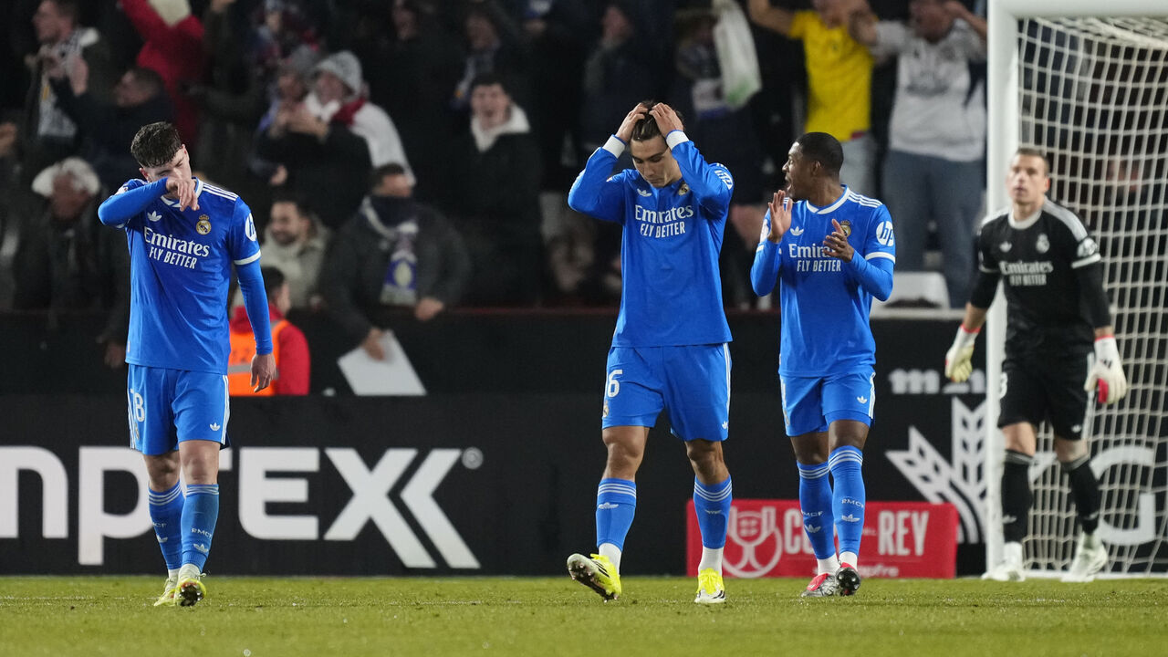 Gonzalo Garcia right winger of Real Madrid and Spain dejected after Albacete´s second goal during the Copa del Rey round of 16 match between Albacete Balompie and Real Madrid at Estadio Carlos Belmonte on January 14, 2026 in Albacete, Spain.