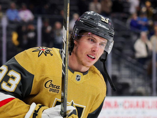 LAS VEGAS, NEVADA - JANUARY 10: Mitch Marner #93 of the Vegas Golden Knights warms up before a game against the St. Louis Blues, his 700th career NHL game, at T-Mobile Arena on January 10, 2026 in Las Vegas, Nevada. The Golden Knights defeated the Blues 4-2.