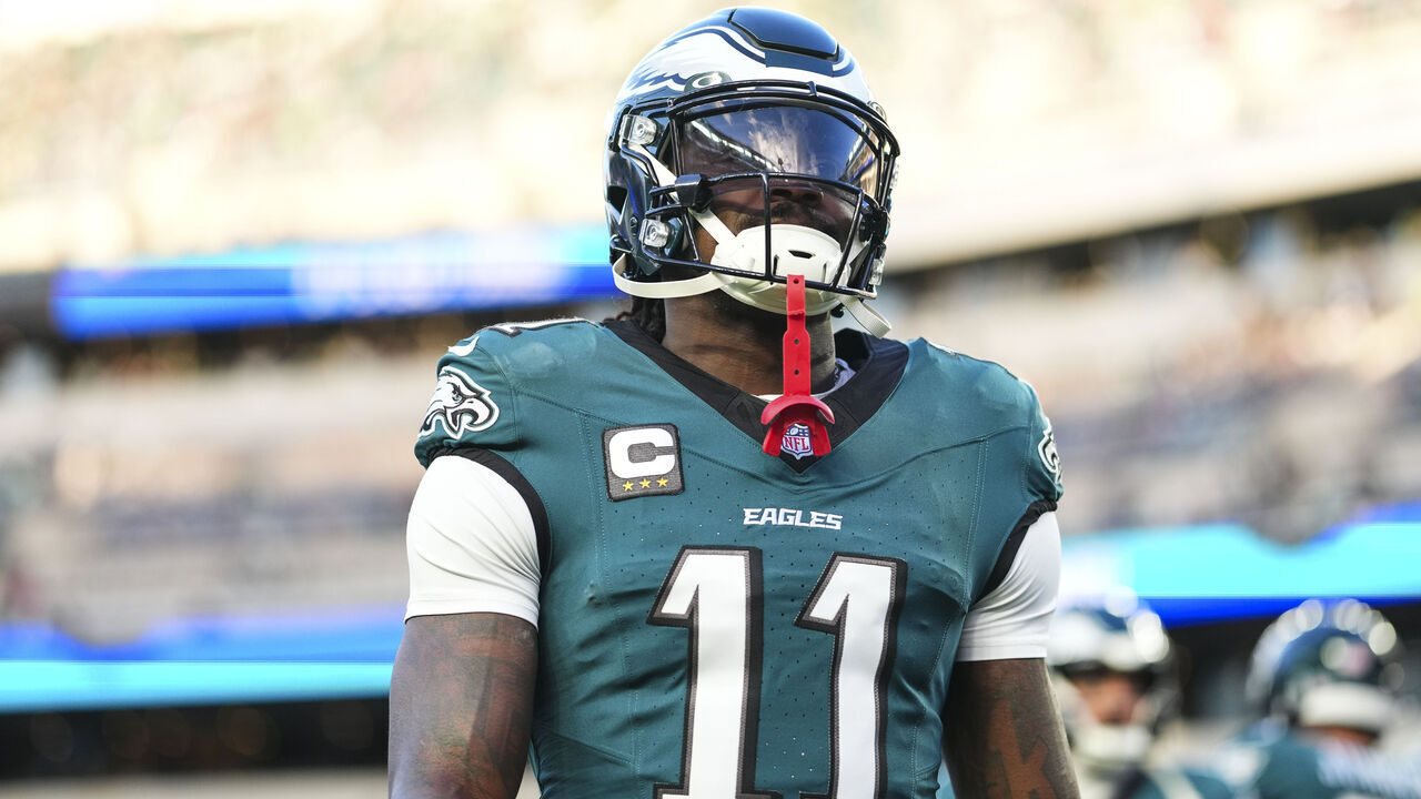 PHILADELPHIA, PA - JANUARY 11: A.J. Brown #11 of the Philadelphia Eagles warms up prior to an NFL wild card playoff football game against the San Francisco 49ers at Lincoln Financial Field on January 11, 2026 in Philadelphia, Pennsylvania.