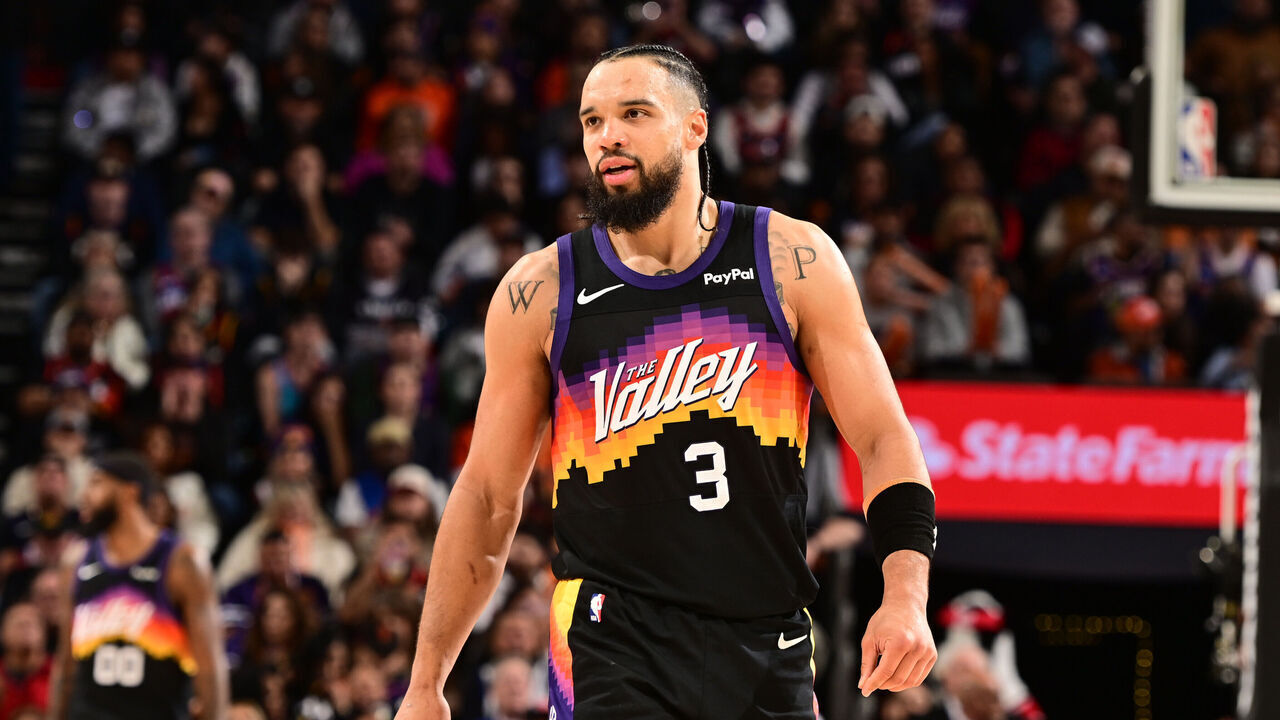 PHOENIX, AZ - JANUARY 9: Dillon Brooks #3 of the Phoenix Suns looks on during the game against the New York Knicks on January 9, 2026 at PHX Arena in Phoenix, Arizona. Mandatory Copyright Notice: Copyright 2026 NBAE