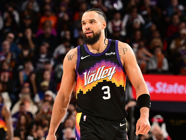 PHOENIX, AZ - JANUARY 9: Dillon Brooks #3 of the Phoenix Suns looks on during the game against the New York Knicks on January 9, 2026 at PHX Arena in Phoenix, Arizona. Mandatory Copyright Notice: Copyright 2026 NBAE