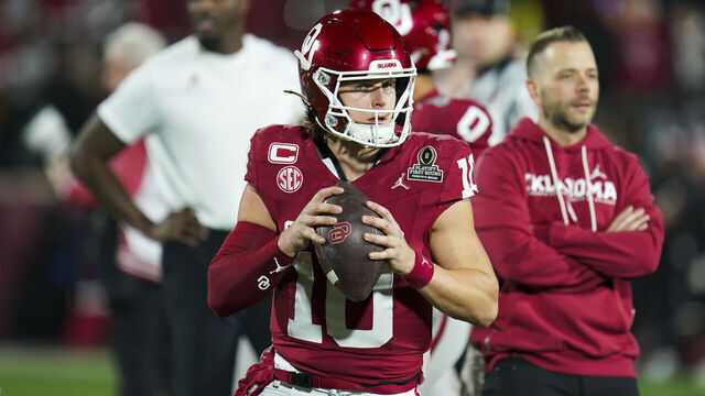 NORMAN, OKLAHOMA - DECEMBER 19: John Mateer #10 of the Oklahoma Sooners warms up before a 2025 College Football Playoff First Round Game against the Alabama Crimson Tide at Gaylord Family Oklahoma Memorial Stadium on December 19, 2025 in Norman, Oklahoma.