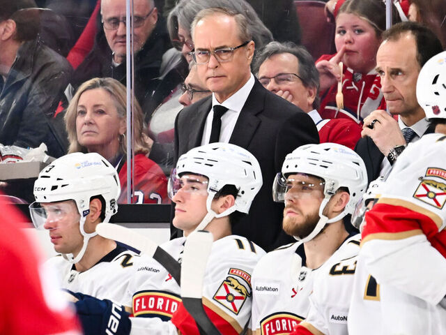 MONTREAL, CANADA - JANUARY 08: Head coach Paul Maurice of the Florida Panthers handles bench duties during the third period against the Montréal Canadiens at the Bell Centre on January 8, 2026 in Montreal, Quebec, Canada. The Montréal Canadiens defeated the Florida Panthers 6-2.