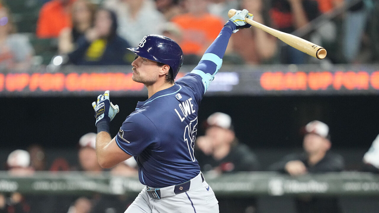 BALTIMORE, MD - SEPTEMBER 24: Josh Lowe #15 of the Tampa Bay Rays takes a swing during a baseball game against the Baltimore Orioles at the Oriole Park at Camden Yards on September 24, 2025 in Baltimore, Maryland.